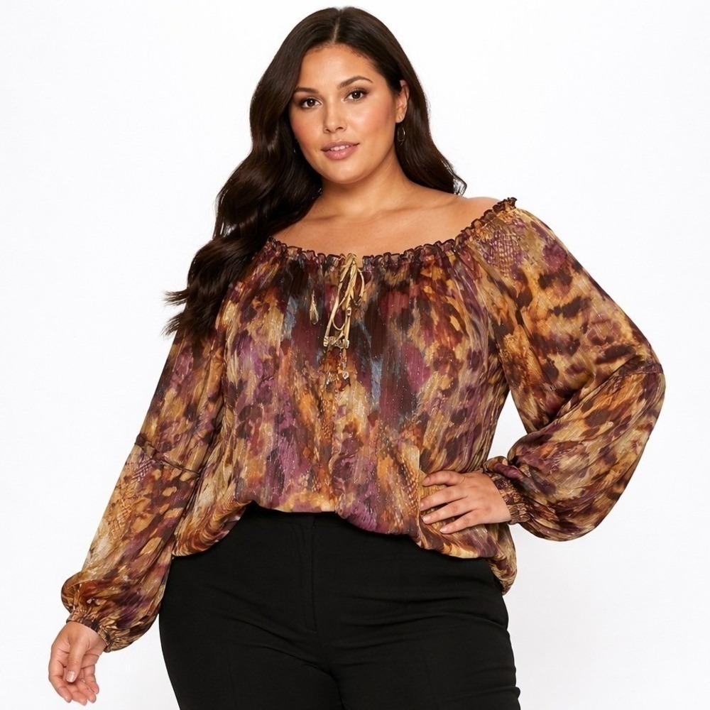 Nine Britton Sienna Satin Tie Neck Blouse Brown Animal Print‎ Metallic XXL NWT